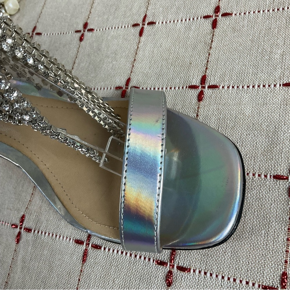 SCHUTZ “Lory” Iridescent Silver Leather Crystal Fringe Ankle Strappy Heels 6.5 - Picture 9 of 12